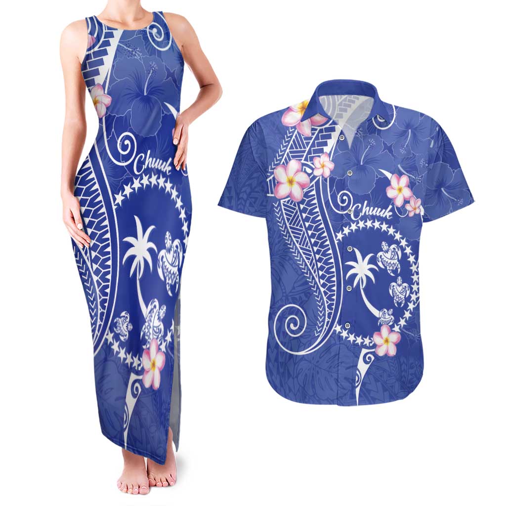 FSM Chuuk Constitution Day Couples Matching Tank Maxi Dress and Hawaiian Shirt Frangipani Flowers Polynesian Curves Style LT14 Blue - Polynesian Pride