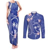 FSM Chuuk Constitution Day Couples Matching Tank Maxi Dress and Long Sleeve Button Shirt Frangipani Flowers Polynesian Curves Style LT14 Blue - Polynesian Pride
