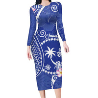 FSM Chuuk Constitution Day Family Matching Long Sleeve Bodycon Dress and Hawaiian Shirt Frangipani Flowers Polynesian Curves Style LT14 Mom's Dress Blue - Polynesian Pride