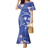FSM Chuuk Constitution Day Family Matching Mermaid Dress and Hawaiian Shirt Frangipani Flowers Polynesian Curves Style LT14 Mom's Dress Blue - Polynesian Pride