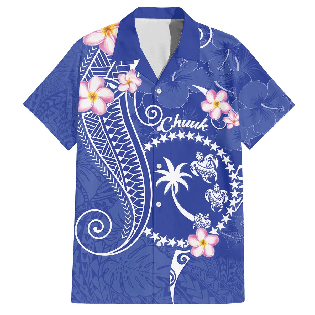 FSM Chuuk Constitution Day Family Matching Off The Shoulder Long Sleeve Dress and Hawaiian Shirt Frangipani Flowers Polynesian Curves Style LT14 Dad's Shirt - Short Sleeve Blue - Polynesian Pride