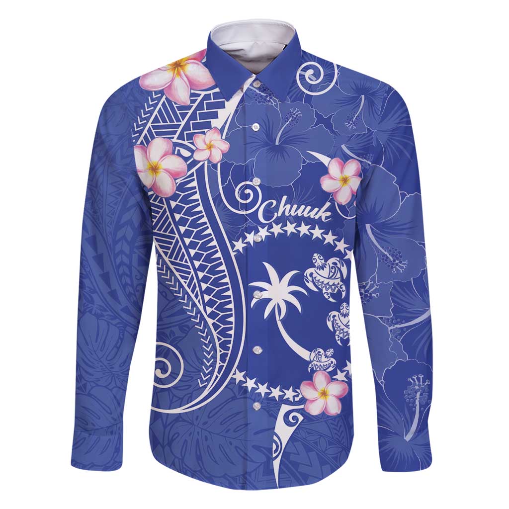 FSM Chuuk Constitution Day Family Matching Off Shoulder Maxi Dress and Hawaiian Shirt Frangipani Flowers Polynesian Curves Style LT14 Dad's Shirt - Long Sleeve Blue - Polynesian Pride
