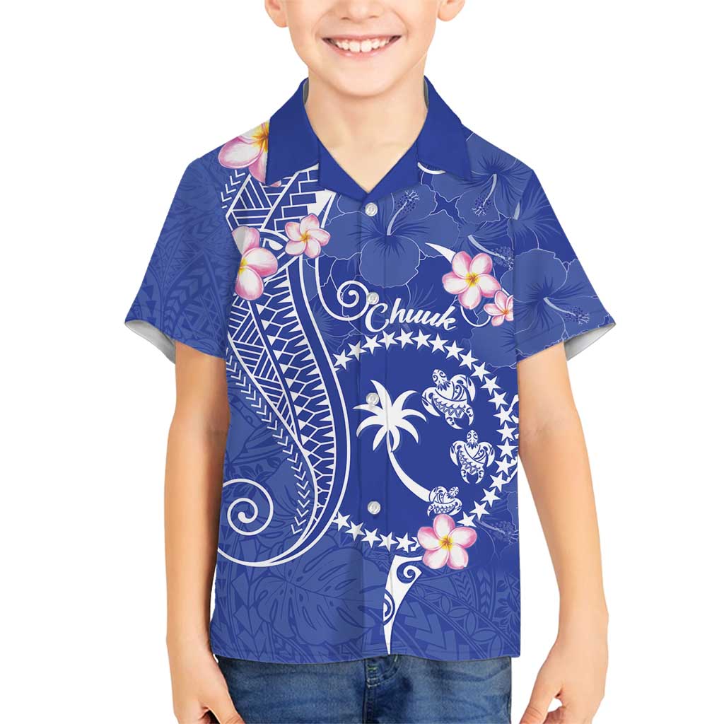 FSM Chuuk Constitution Day Family Matching Off Shoulder Maxi Dress and Hawaiian Shirt Frangipani Flowers Polynesian Curves Style LT14 Son's Shirt Blue - Polynesian Pride