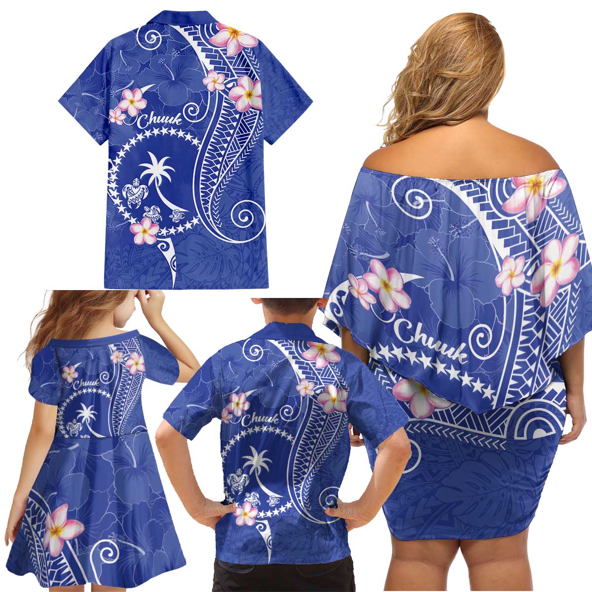 FSM Chuuk Constitution Day Family Matching Off Shoulder Short Dress and Hawaiian Shirt Frangipani Flowers Polynesian Curves Style LT14 - Polynesian Pride