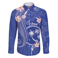 FSM Chuuk Constitution Day Family Matching Off Shoulder Short Dress and Hawaiian Shirt Frangipani Flowers Polynesian Curves Style LT14 Dad's Shirt - Long Sleeve Blue - Polynesian Pride