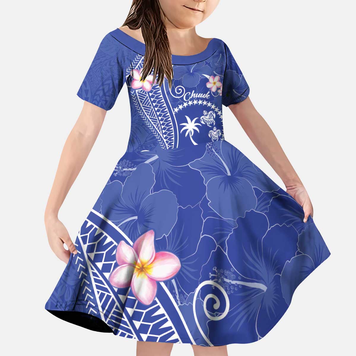 FSM Chuuk Constitution Day Family Matching Puletasi and Hawaiian Shirt Frangipani Flowers Polynesian Curves Style LT14 Daughter's Dress Blue - Polynesian Pride