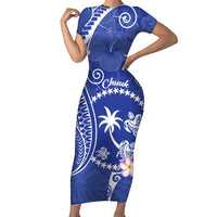 FSM Chuuk Constitution Day Family Matching Short Sleeve Bodycon Dress and Hawaiian Shirt Frangipani Flowers Polynesian Curves Style LT14 Mom's Dress Blue - Polynesian Pride