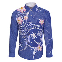 FSM Chuuk Constitution Day Family Matching Summer Maxi Dress and Hawaiian Shirt Frangipani Flowers Polynesian Curves Style LT14 Dad's Shirt - Long Sleeve Blue - Polynesian Pride