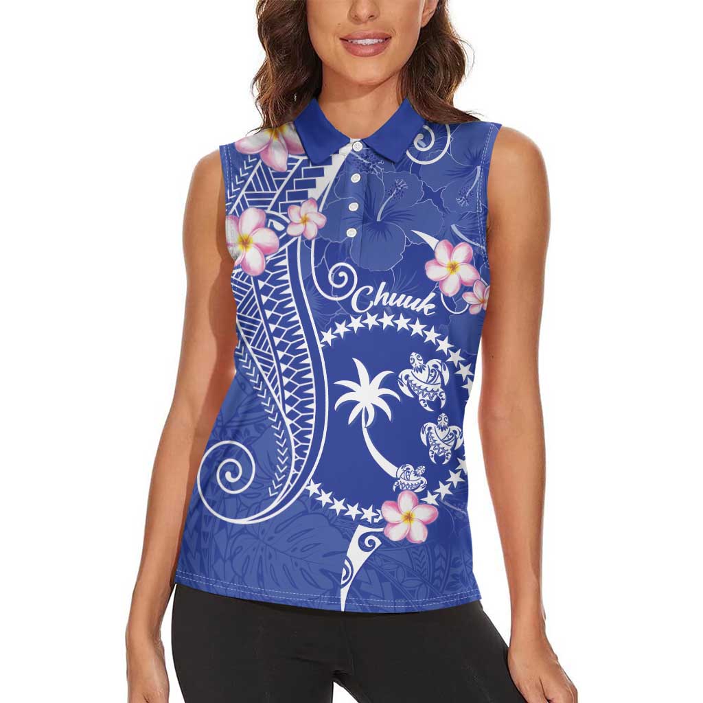 FSM Chuuk Constitution Day Women Sleeveless Polo Shirt Frangipani Flowers Polynesian Curves Style LT14 - Polynesian Pride