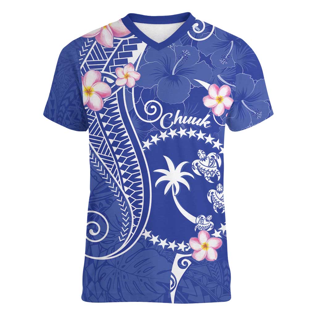 FSM Chuuk Constitution Day Women V-Neck T-Shirt Frangipani Flowers Polynesian Curves Style LT14 Female Blue - Polynesian Pride