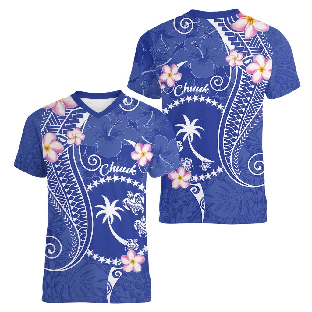 FSM Chuuk Constitution Day Women V-Neck T-Shirt Frangipani Flowers Polynesian Curves Style LT14 - Polynesian Pride