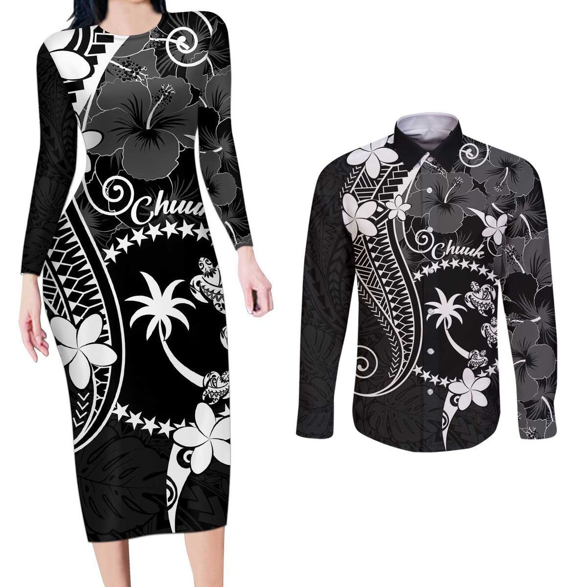 FSM Chuuk Couples Matching Long Sleeve Bodycon Dress and Long Sleeve Button Shirt Turtle Tropical Flowers Polynesian - Black LT14 Black - Polynesian Pride