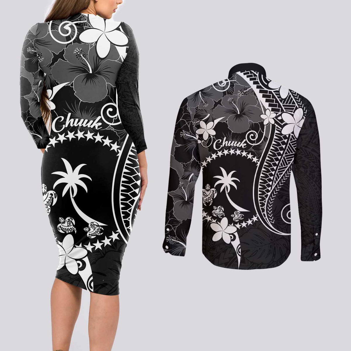 FSM Chuuk Couples Matching Long Sleeve Bodycon Dress and Long Sleeve Button Shirt Turtle Tropical Flowers Polynesian - Black LT14 - Polynesian Pride