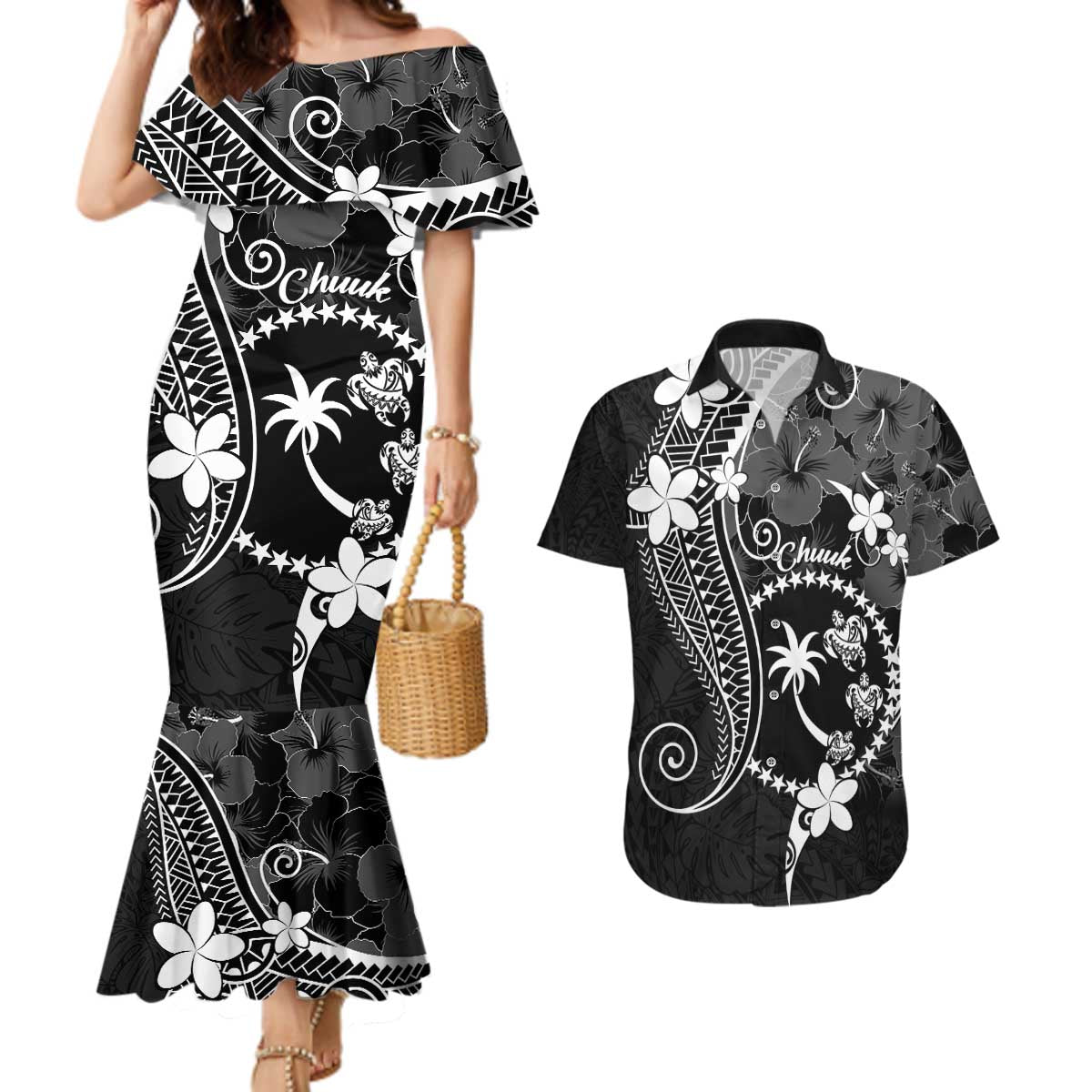 FSM Chuuk Couples Matching Mermaid Dress and Hawaiian Shirt Turtle Tropical Flowers Polynesian - Black LT14 Black - Polynesian Pride