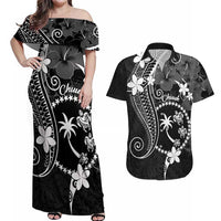 FSM Chuuk Couples Matching Off Shoulder Maxi Dress and Hawaiian Shirt Turtle Tropical Flowers Polynesian - Black LT14 Black - Polynesian Pride