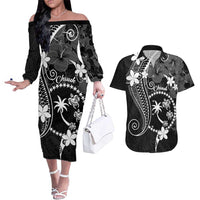 FSM Chuuk Couples Matching Off The Shoulder Long Sleeve Dress and Hawaiian Shirt Turtle Tropical Flowers Polynesian - Black LT14 Black - Polynesian Pride