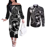 FSM Chuuk Couples Matching Off The Shoulder Long Sleeve Dress and Long Sleeve Button Shirt Turtle Tropical Flowers Polynesian - Black LT14 Black - Polynesian Pride