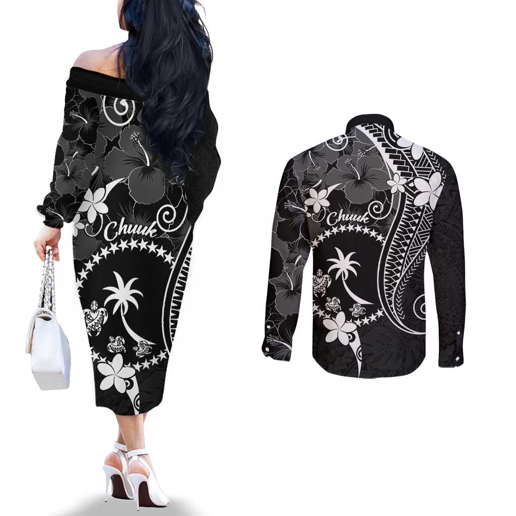 FSM Chuuk Couples Matching Off The Shoulder Long Sleeve Dress and Long Sleeve Button Shirt Turtle Tropical Flowers Polynesian - Black LT14 - Polynesian Pride