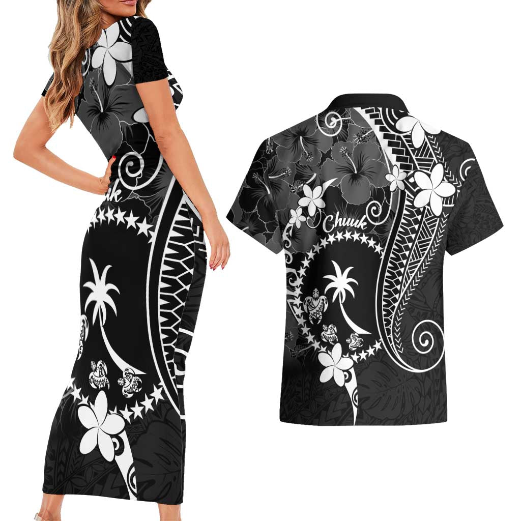 FSM Chuuk Couples Matching Short Sleeve Bodycon Dress and Hawaiian Shirt Turtle Tropical Flowers Polynesian - Black LT14 - Polynesian Pride