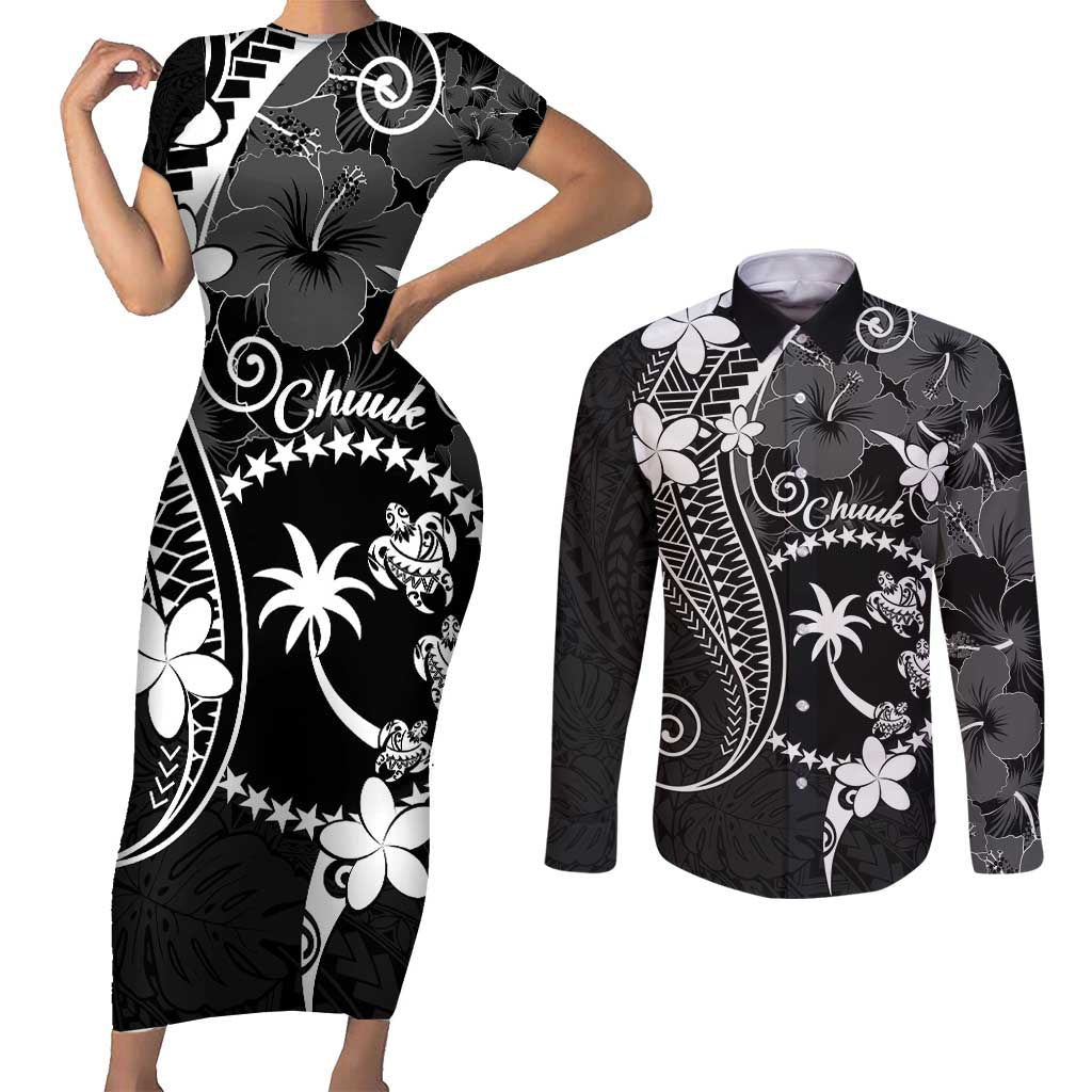 FSM Chuuk Couples Matching Short Sleeve Bodycon Dress and Long Sleeve Button Shirt Turtle Tropical Flowers Polynesian - Black LT14 Black - Polynesian Pride