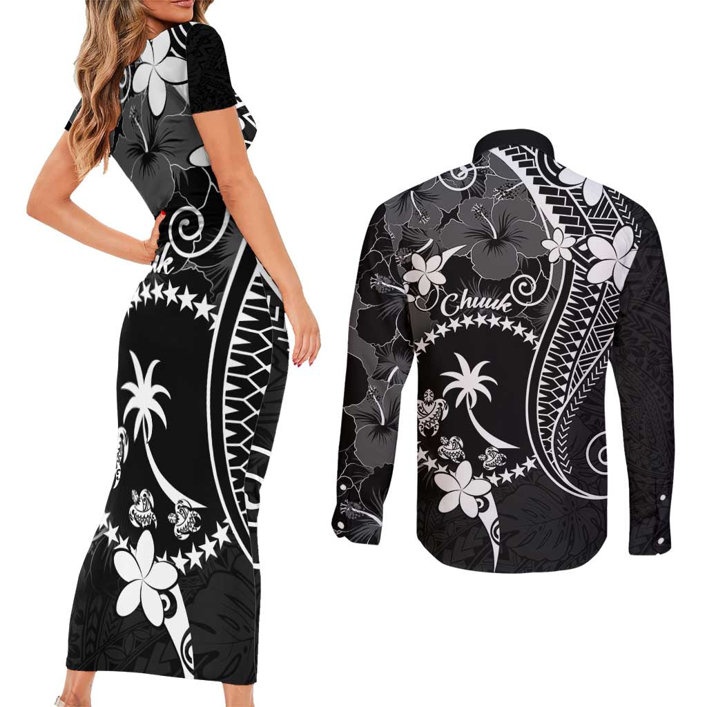FSM Chuuk Couples Matching Short Sleeve Bodycon Dress and Long Sleeve Button Shirt Turtle Tropical Flowers Polynesian - Black LT14 - Polynesian Pride