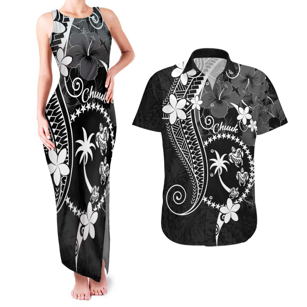 FSM Chuuk Couples Matching Tank Maxi Dress and Hawaiian Shirt Turtle Tropical Flowers Polynesian - Black LT14 Black - Polynesian Pride