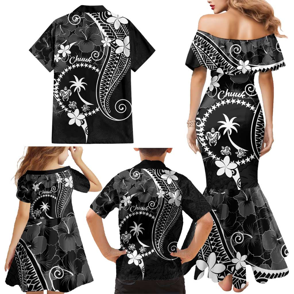 FSM Chuuk Family Matching Mermaid Dress and Hawaiian Shirt Turtle Tropical Flowers Polynesian - Black LT14 - Polynesian Pride