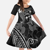 FSM Chuuk Family Matching Off The Shoulder Long Sleeve Dress and Hawaiian Shirt Turtle Tropical Flowers Polynesian - Black LT14 Daughter's Dress Black - Polynesian Pride