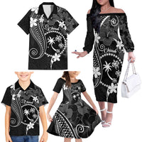 FSM Chuuk Family Matching Off The Shoulder Long Sleeve Dress and Hawaiian Shirt Turtle Tropical Flowers Polynesian - Black LT14 - Polynesian Pride