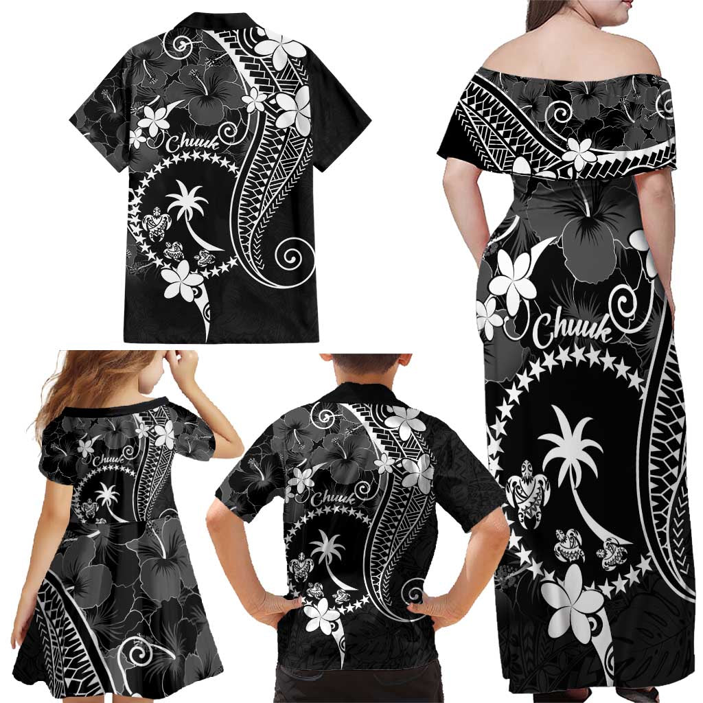 FSM Chuuk Family Matching Off Shoulder Maxi Dress and Hawaiian Shirt Turtle Tropical Flowers Polynesian - Black LT14 - Polynesian Pride