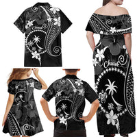 FSM Chuuk Family Matching Off Shoulder Maxi Dress and Hawaiian Shirt Turtle Tropical Flowers Polynesian - Black LT14 - Polynesian Pride