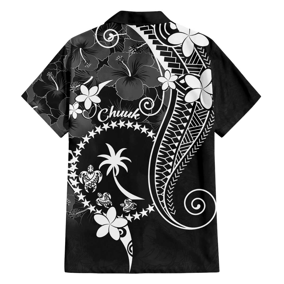 FSM Chuuk Family Matching Off Shoulder Short Dress and Hawaiian Shirt Turtle Tropical Flowers Polynesian - Black LT14 - Polynesian Pride