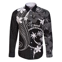 FSM Chuuk Family Matching Off Shoulder Short Dress and Hawaiian Shirt Turtle Tropical Flowers Polynesian - Black LT14 Dad's Shirt - Long Sleeve Black - Polynesian Pride