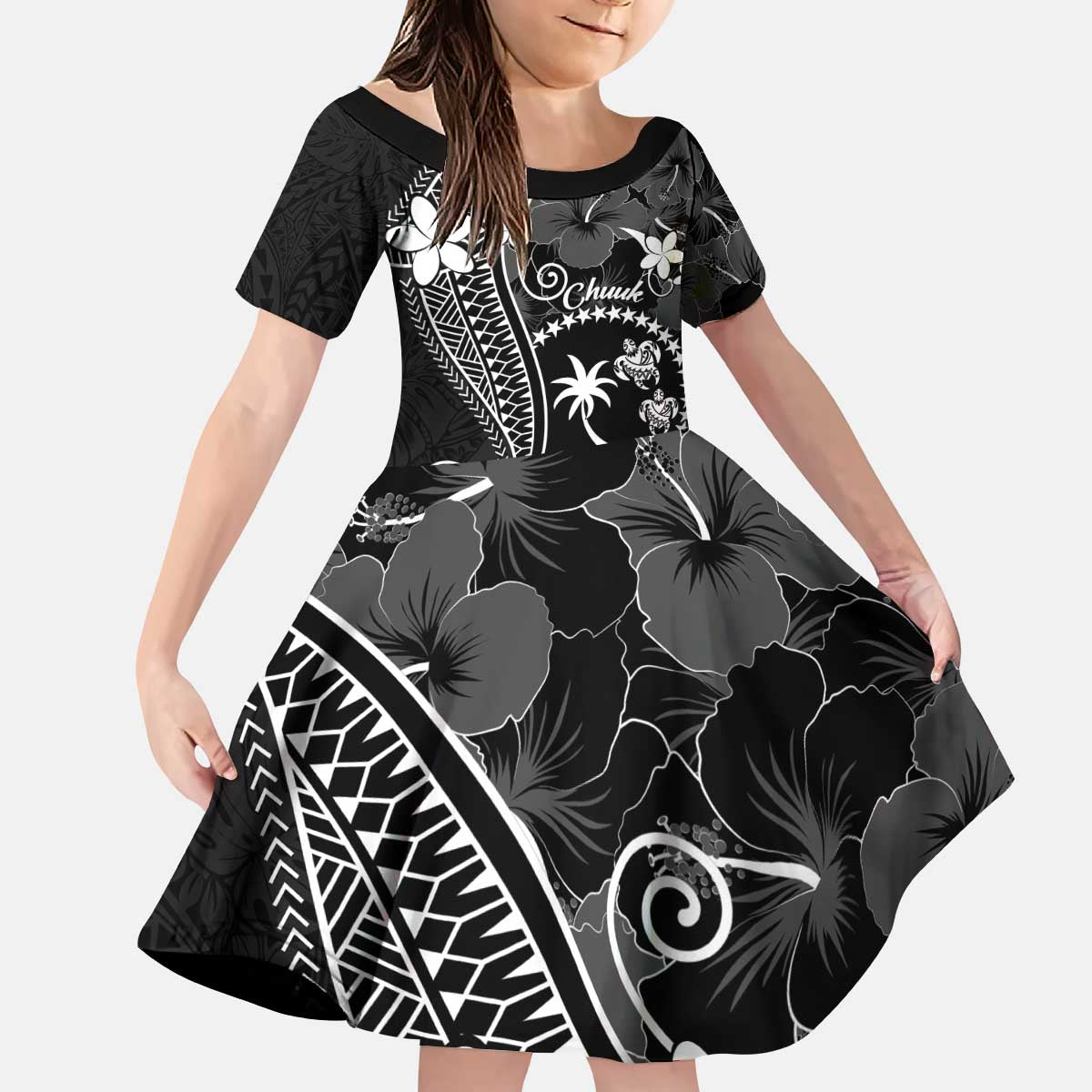 FSM Chuuk Family Matching Puletasi and Hawaiian Shirt Turtle Tropical Flowers Polynesian - Black LT14 Daughter's Dress Black - Polynesian Pride