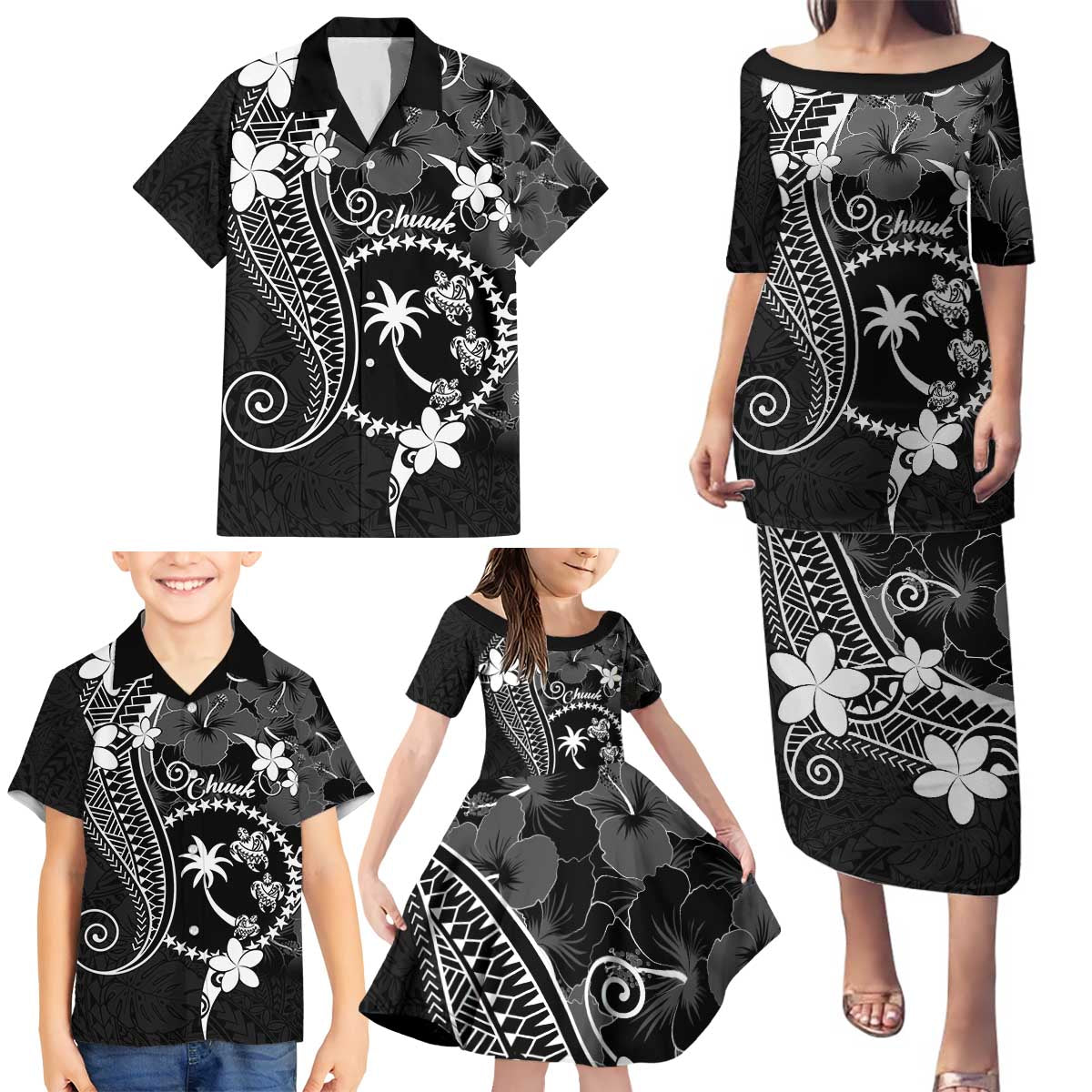 FSM Chuuk Family Matching Puletasi and Hawaiian Shirt Turtle Tropical Flowers Polynesian - Black LT14 - Polynesian Pride