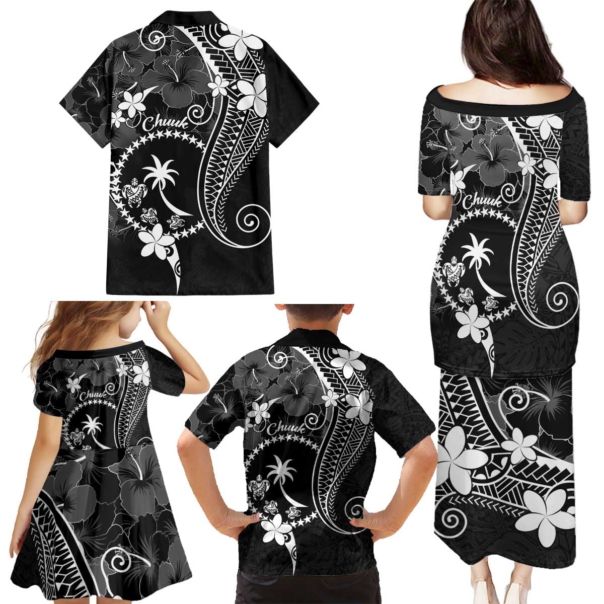 FSM Chuuk Family Matching Puletasi and Hawaiian Shirt Turtle Tropical Flowers Polynesian - Black LT14 - Polynesian Pride