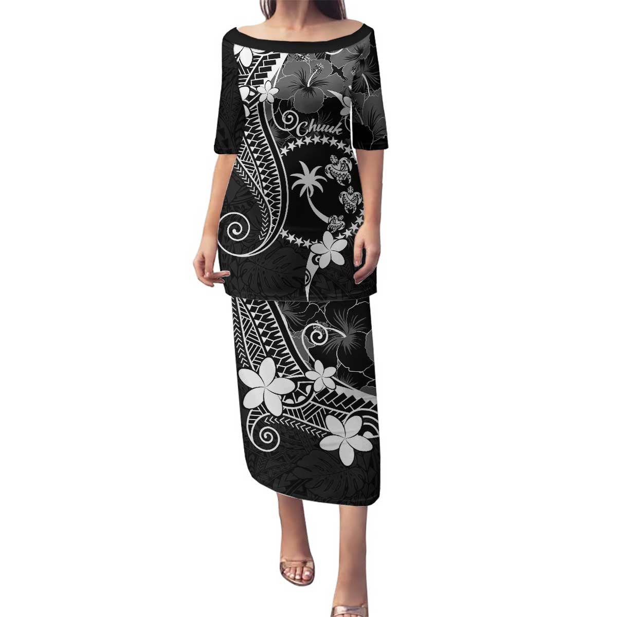 FSM Chuuk Family Matching Puletasi and Hawaiian Shirt Turtle Tropical Flowers Polynesian - Black LT14 Mom's Dress Black - Polynesian Pride