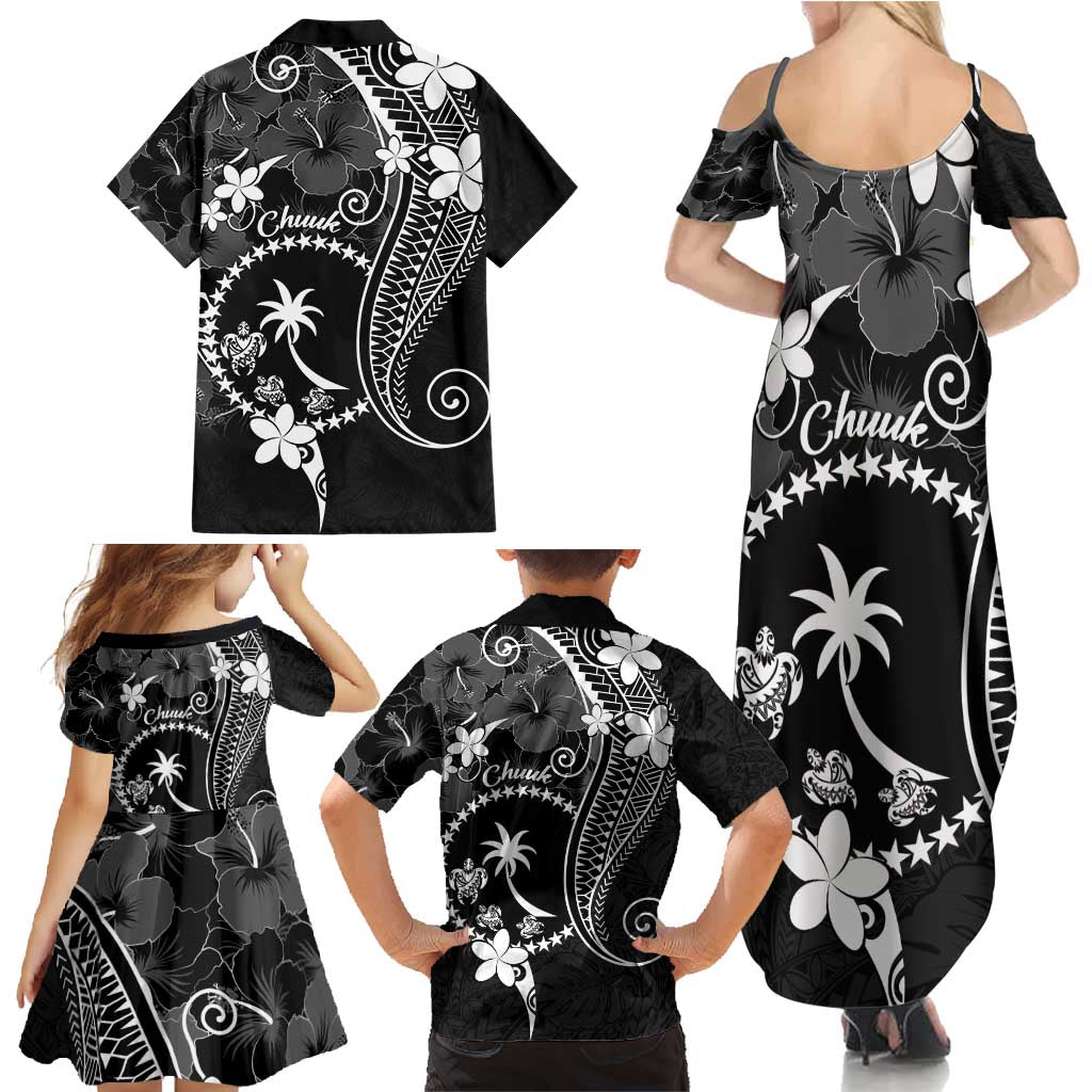 FSM Chuuk Family Matching Summer Maxi Dress and Hawaiian Shirt Turtle Tropical Flowers Polynesian - Black LT14 - Polynesian Pride