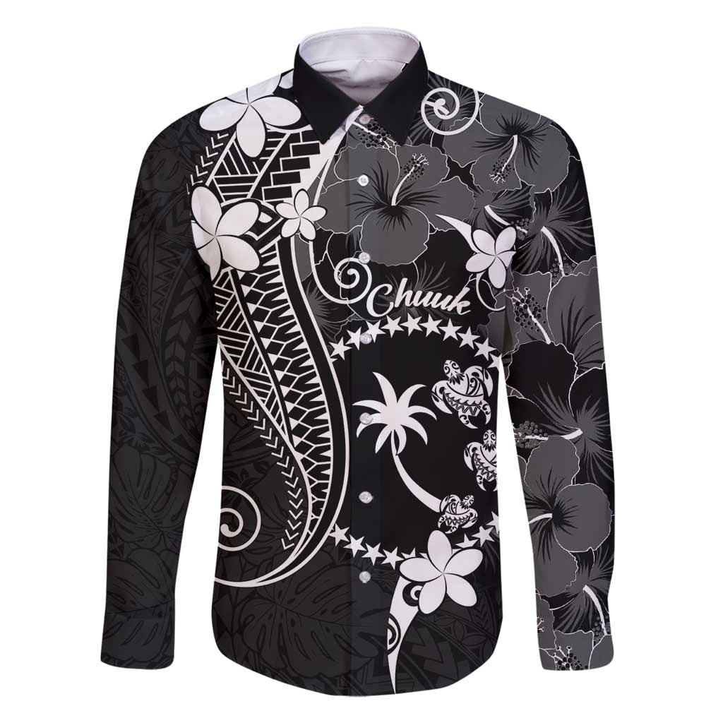 FSM Chuuk Family Matching Summer Maxi Dress and Hawaiian Shirt Turtle Tropical Flowers Polynesian - Black LT14 Dad's Shirt - Long Sleeve Black - Polynesian Pride