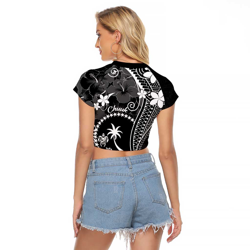 FSM Chuuk Raglan Cropped T Shirt Turtle Tropical Flowers Polynesian - Black