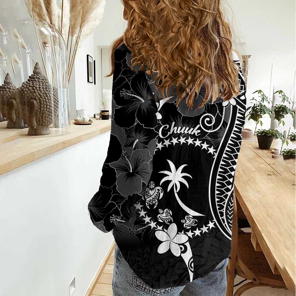 FSM Chuuk Women Casual Shirt Turtle Tropical Flowers Polynesian - Black LT14 - Polynesian Pride