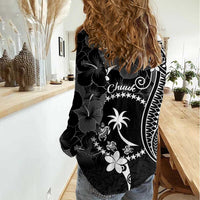FSM Chuuk Women Casual Shirt Turtle Tropical Flowers Polynesian - Black LT14 - Polynesian Pride