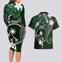FSM Chuuk Couples Matching Long Sleeve Bodycon Dress and Hawaiian Shirt Turtle Tropical Flowers Polynesian - Green LT14 - Polynesian Pride