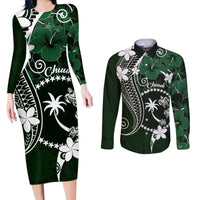 FSM Chuuk Couples Matching Long Sleeve Bodycon Dress and Long Sleeve Button Shirt Turtle Tropical Flowers Polynesian - Green LT14 Green - Polynesian Pride