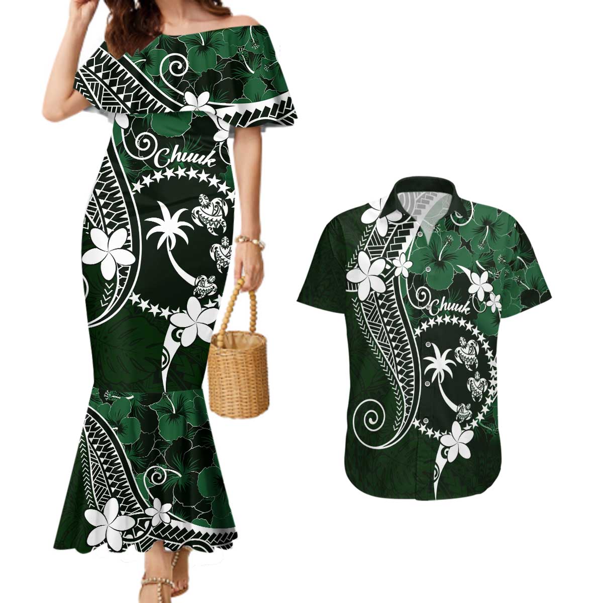 FSM Chuuk Couples Matching Mermaid Dress and Hawaiian Shirt Turtle Tropical Flowers Polynesian - Green LT14 Green - Polynesian Pride