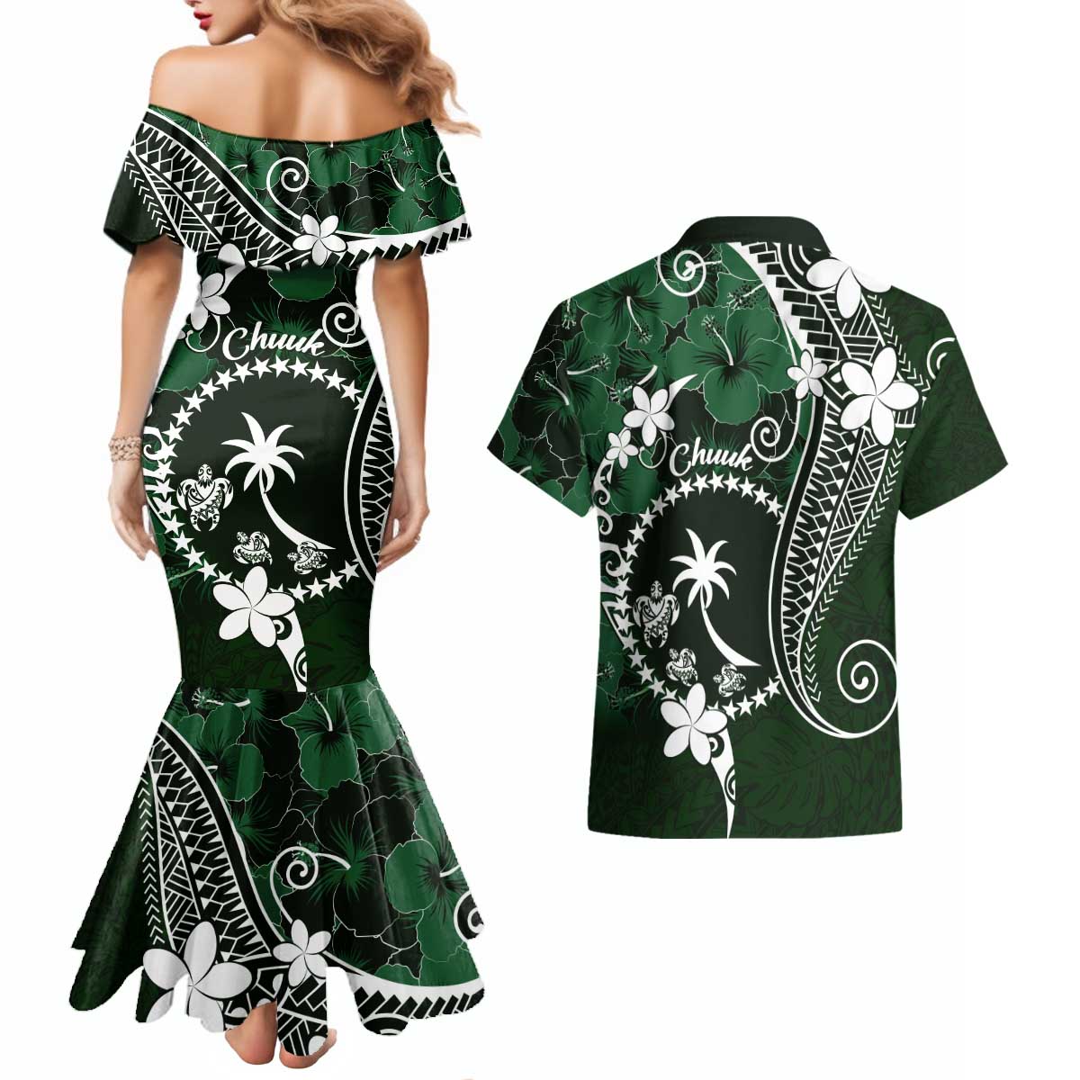 FSM Chuuk Couples Matching Mermaid Dress and Hawaiian Shirt Turtle Tropical Flowers Polynesian - Green LT14 - Polynesian Pride