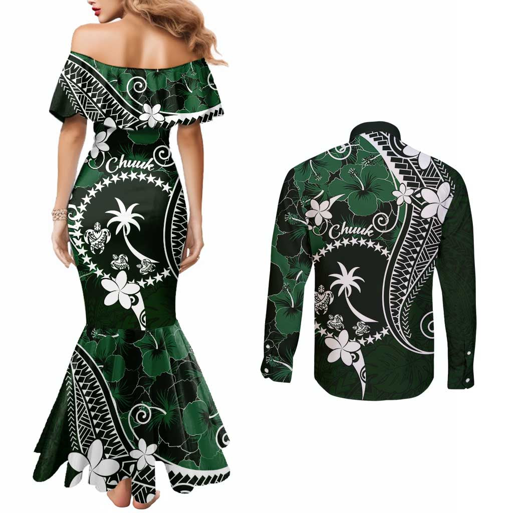 FSM Chuuk Couples Matching Mermaid Dress and Long Sleeve Button Shirt Turtle Tropical Flowers Polynesian - Green LT14 - Polynesian Pride