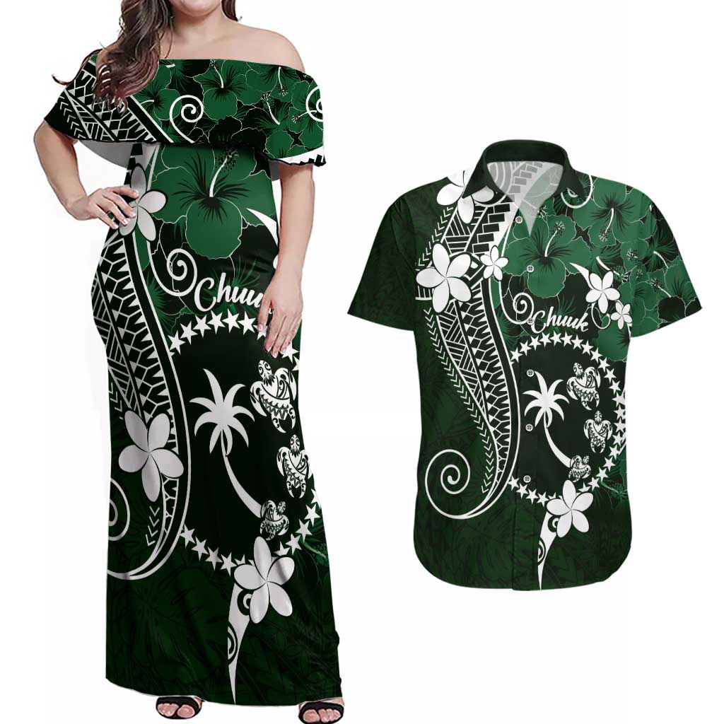 FSM Chuuk Couples Matching Off Shoulder Maxi Dress and Hawaiian Shirt Turtle Tropical Flowers Polynesian - Green LT14 Green - Polynesian Pride