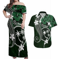 FSM Chuuk Couples Matching Off Shoulder Maxi Dress and Hawaiian Shirt Turtle Tropical Flowers Polynesian - Green LT14 Green - Polynesian Pride