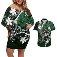 FSM Chuuk Couples Matching Off Shoulder Short Dress and Hawaiian Shirt Turtle Tropical Flowers Polynesian - Green LT14 Green - Polynesian Pride